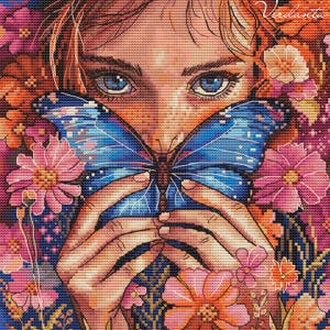 Butterfly Cross Stitch Pattern Girl PDF Pattern Woman Cross Stitch Pattern Flowers Pattern Cute DMC Chart Printable PDF Instant Download