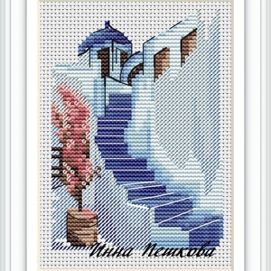 Santorini Cross Stitch Pattern Greece PDF Pattern Mediterranean Embroidery Travel Pattern House DMC Chart Printable PDF Instant Download
