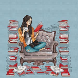 Cozy Reading Nook Cross Stitch Pattern: Woman, Books, Cat (PDF Pattern)