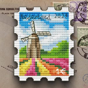 Netherlands Windmill Cross Stitch Pattern, Tulip Flowers (PDF Pattern)