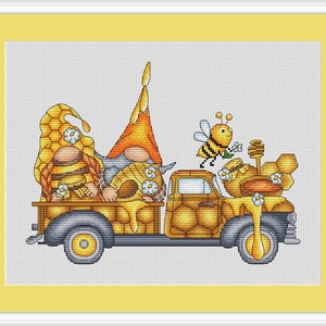 Cute Gnomes Cross Stitch Pattern Gnome Truck PDF Pattern Honey Embroidery Bee Pattern Honeybee DMC Chart Printable PDF Instant Download