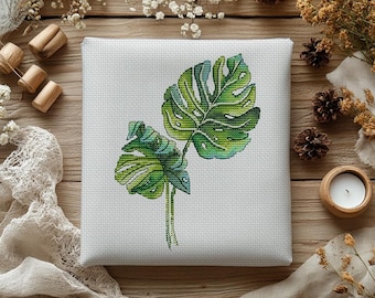 Monstera Leaf Cross Stitch Pattern, Plant Embroidery (PDF Download)