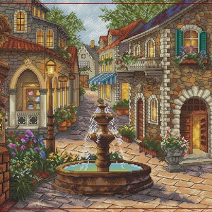 Brunnen Kreuzstichmuster Altstadt Muster Historisches PDF Muster Alte Stadt Muster Stadtansicht DMC Chart Printable PDF Instant Download