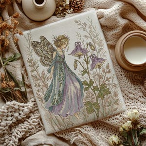 Aquilegia Fairy Cross Stitch Pattern | Woodland Sprite Folk Art (Digital Download)