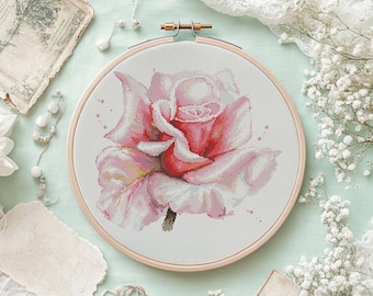 Pink Rose Cross Stitch Pattern, Flower Embroidery (PDF Pattern)