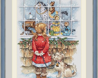 Christmas Shop Cross Stitch Pattern Girl with Dog PDF Pattern Gift Store Embroidery Girl Pattern DMC Chart Printable PDF Instant Download