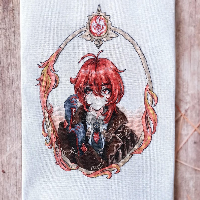 Patrón de punto de cruz Diluc: Retrato de anime, Genshin Fantasy (Descarga en PDF) imagen 4