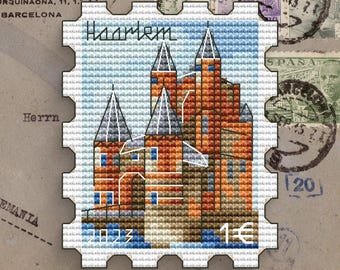 Schema punto croce Haarlem, Paesi Bassi: paesaggio urbano con francobollo (schema PDF)