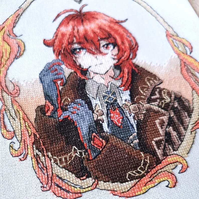 Patrón de punto de cruz Diluc: Retrato de anime, Genshin Fantasy (Descarga en PDF) imagen 5
