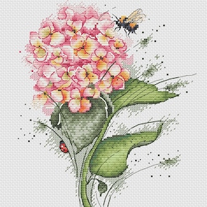 Patrón de punto de cruz de flor de acuarela, patrón de abejorro en PDF, patrón de mariquita en punto de cruz, patrón de hortensia, gráfico DMC, PDF imprimible, descarga instantánea