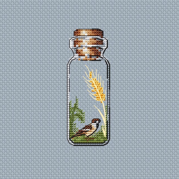 Sparrow Cross Stitch Pattern Bottle Pattern Bird PDF Pattern Mini Pattern Simple Pattern Small DMC Chart Printable PDF Instant Download