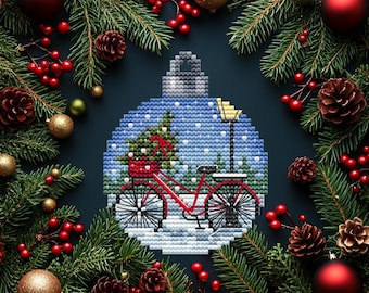 Motif boule de vélo rouge au point de croix | Broderie d'ornement de bicyclette vintage (téléchargement numérique)