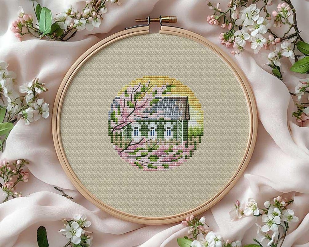 Spring Cottage Cross Stitch Pattern, Round Floral House (PDF Pattern ...