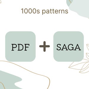 May include: A graphic design featuring the text 1000s patterns at the top, followed by two light green rounded squares. The left square contains the text PDF, and the right square contains the text SAGA, separated by a dark brown plus sign.