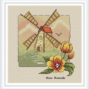 Windmill Cross Stitch Pattern Countryscape PDF Pattern Floral Embroidery Landscape Pattern Mill DMC Chart Printable PDF Instant Download