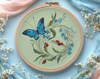 Modèle de point de croix papillon et myosotis avec coccinelles (modèle PDF)