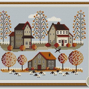 Autumn Houses Cross Stitch Pattern Houses Pattern Fall Embroidery Autumn Pattern Town Pattern DMC Chart Printable PDF Instant Download