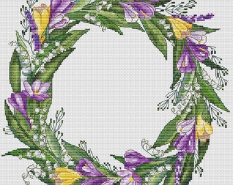 Printemps motif de point de croix motif de guirlande PDF fleurs broderie crocus motif printemps motif DMC graphique imprimable PDF téléchargement immédiat