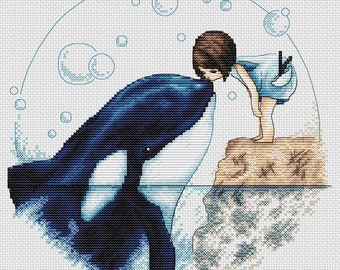Padrão de Ponto Cruz Beijo de Orca: Bordado de Menina e Baleia (Padrão em PDF)