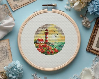 Patrón de punto de cruz "Faro rojo y amapolas": Paisaje costero (Patrón PDF)