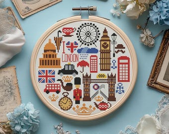 London Cross Stitch Pattern, UK Round Sampler (PDF Pattern)