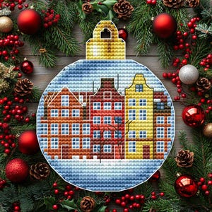 Winter City Ornament Cross Stitch Pattern, Christmas Houses (PDF Pattern)