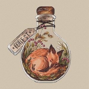 Fox Cub Cross Stitch Pattern Bottle Pattern Sleeping Fox Embroidery Fantasy Pattern Fox Pattern DMC Chart Printable PDF Instant Download