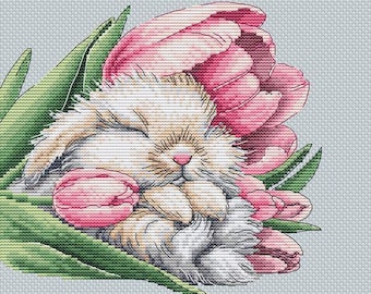Baby Bunny Cross Stitch Pattern Fluffy Bunny Pattern Tulips PDF Pattern Little Bunny Pattern Bunny DMC Chart Printable PDF Instant Download