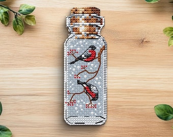 Bullfinches in Bottle Cross Stitch Pattern: Easy Bird Design (PDF)