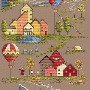 Small Town Cross Stitch Pattern Houses Pattern Vuurtorenpatroon Seizoenen Patroon Luchtballon DMC-grafiek Afdrukbare PDF Instant Download