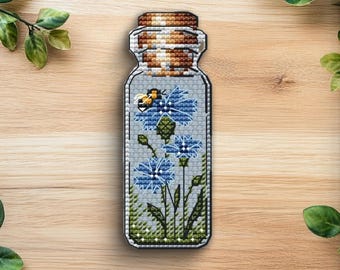 Patrón de punto de cruz de acianos en botella, diseño floral (patrón en PDF)