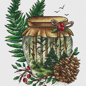 Forest Cross Stitch Pattern Jar Pattern Nature Embroidery Fir Cone Pattern Berries Pattern Trees DMC Chart Printable PDF Instant Download