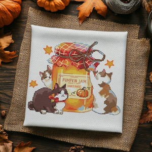 Patrón de punto de cruz "Gatos divertidos y mermelada", gatito de dibujos animados (patrón PDF)