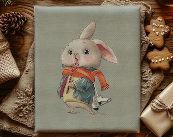 Winter Bunny Cross Stitch Pattern: Cartoon Rabbit with Skates (PDF Pattern)