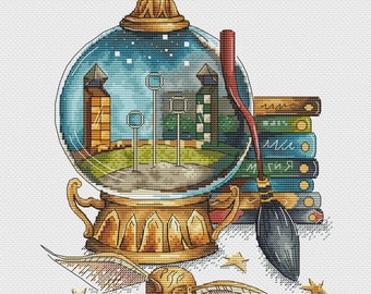 Magic Broom Cross Stitch Pattern Magic Globe Pattern Snitch Embroidery Broomstick Cross Stitch DMC Chart Printable PDF Instant Download