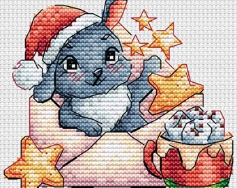 Christmas Bunny Cross Stitch Pattern Christmas Pattern Cute Bunny Embroidery Stars Pattern Holiday DMC Chart Printable PDF Instant Download