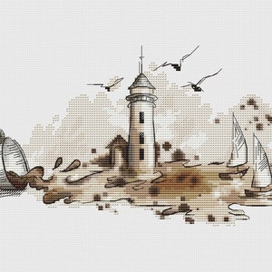 Padrão de ponto cruz de farol Padrão de barcos Padrão de ponto cruz moderno Padrão de aquarela Gráfico DMC PDF para impressão Download instantâneo