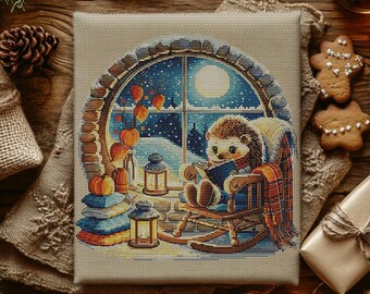 Patrón de punto de cruz de erizo en ventana invernal: bordado de dibujos animados acogedores (PDF)