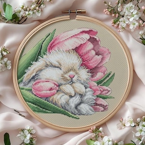 Fluffy Bunny and Tulips Cross Stitch Pattern (PDF Pattern)