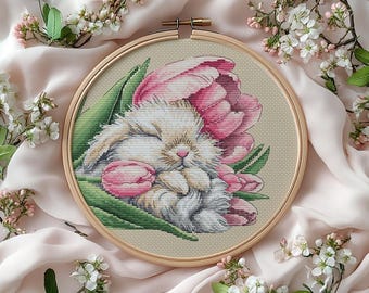 Fluffy Bunny and Tulips Cross Stitch Pattern (PDF Pattern)