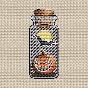Kürbis Kreuzstichmuster Flaschenmuster Jack-o&#39;-Lantern-Muster Halloween-Muster Fledermausmuster DMC-Diagramm druckbare PDF-Sofort-Download