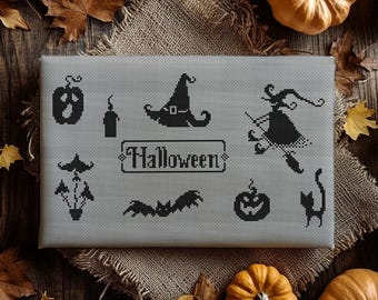 Halloween Cross Stitch Pattern, Witch and Pumpkin Embroidery (PDF)