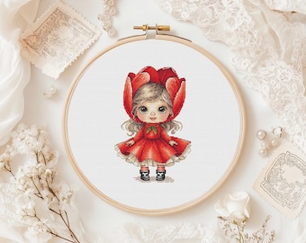 Tulip Girl Cross Stitch Pattern, Red Dress (PDF Pattern)