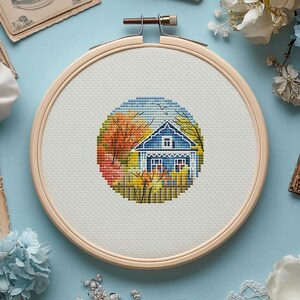 Autumn Cottage Cross Stitch Pattern, Small House DMC Chart (PDF Pattern)