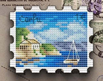 Padrão de ponto cruz para selo postal de Corfu: Barco à beira-mar (padrão em PDF)