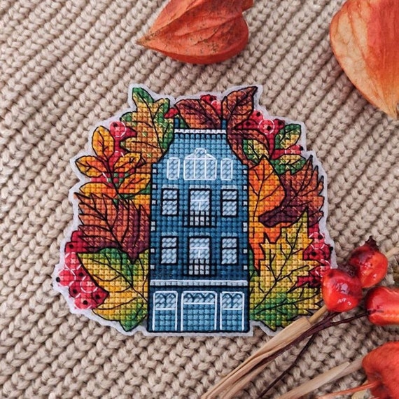 Autumn Cross Stitch Pattern Fall Pattern House Embroidery Autumn House Pattern Autumn Leaves DMC Chart Printable PDF Instant Download