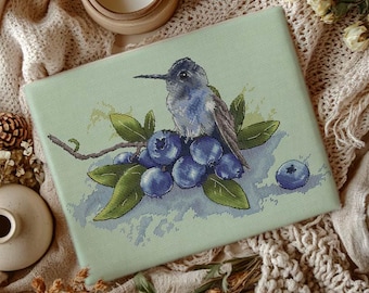 Hummingbird and Blueberry Cross Stitch Pattern: Bird Embroidery (PDF Download)