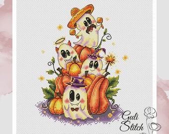 Funny Ghosts Halloween Cross Stitch Pattern, Pumpkins Embroidery (PDF Pattern)