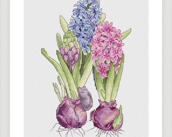 Modèle de point de croix fleurs jacinthes : broderie florale (modèle PDF)