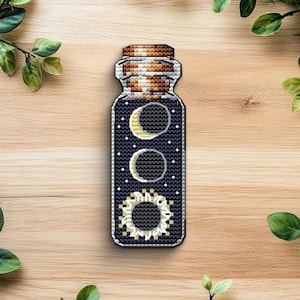 Patrón de punto de cruz de botella con sol y luna (PDF)